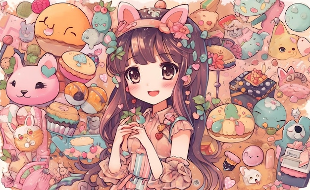 Un dessin animé d'une fille avec une photo d'un gâteau et un tas d'autres bonbons.