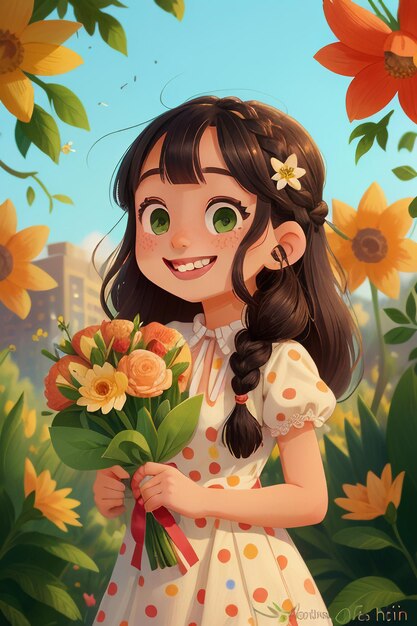 Dessin Animé Fille Tenant Des Fleurs Style Anime Beau Sourire Fond Écran