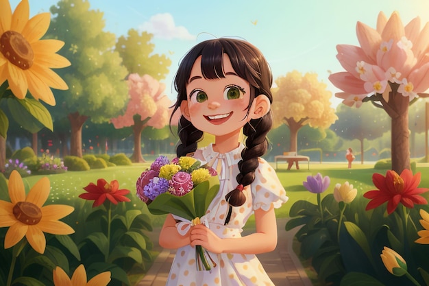 Dessin Animé Fille Tenant Des Fleurs Style Anime Beau Sourire Fond Écran