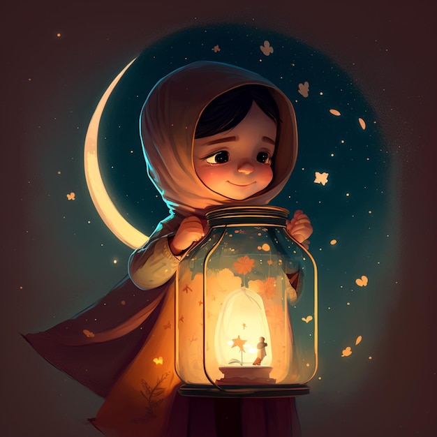 Un dessin animé d'une fille tenant une lanterne avec une étoile dessus.