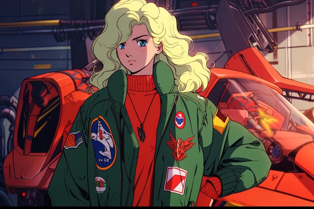 un dessin animé d'une fille en uniforme militaire avec un drapeau rouge sur le devant