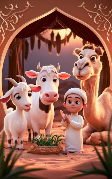 Photo un dessin animé d'un garçon et d'une chèvre avec un enfant dans un turban et une vache et un chameau devant une porte