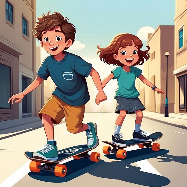 Photo dessin animé un garçon et une fille heureux en skateboard dans la rue