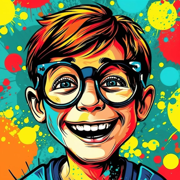 Un dessin animé d'un garçon avec des lunettes qui dit " dessus.