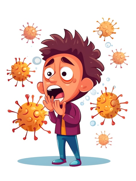 Un dessin animé d'un garçon avec une veste bleue et une veste violette est choqué par un virus