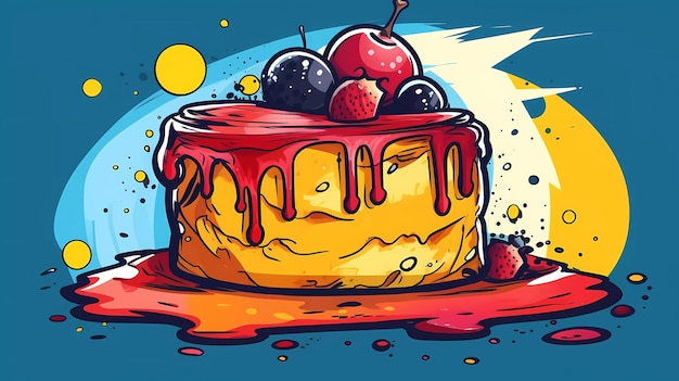 Un dessin animé d'un gâteau avec un fruit dessus.