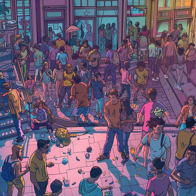 Photo un dessin animé de gens jouant à un jeu avec une grande foule de gens