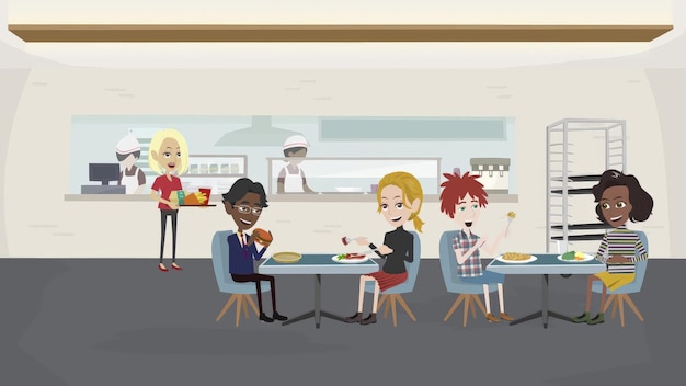 un dessin animé de gens qui mangent à une table avec de la nourriture et un homme en chemise blanche qui mange