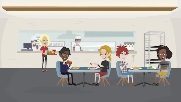 un dessin animé de gens qui mangent à une table avec de la nourriture et un homme en chemise blanche qui mange