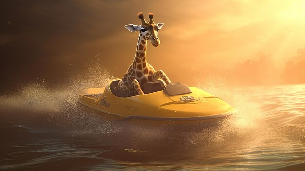 Dessin animé girafe sur un jet ski sur fond de mer Ai générative