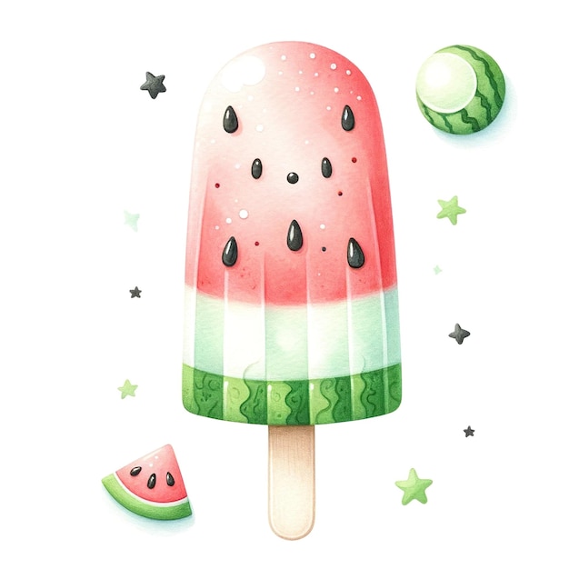 Un dessin animé d'une glace à melon avec un bâton vert