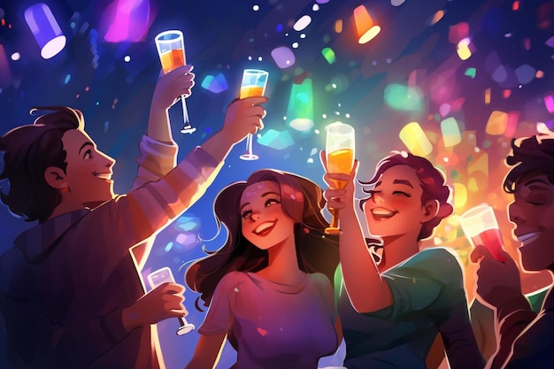 Un dessin animé d'un groupe d'amis célébrant avec des verres de champagne.