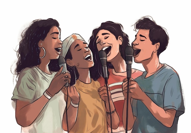 Un dessin animé d'un groupe de personnes chantant ensemble.
