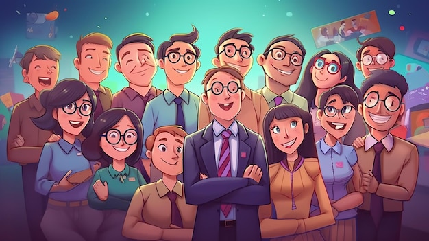 Un dessin animé d'un groupe de personnes dont l'une porte des lunettes et l'autre porte des lunettes.