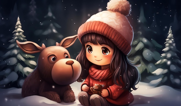 Dessin animé d'hiver avec une poupée dans un chapeau en laine et un drôle de bébé cerf généré par l'IA