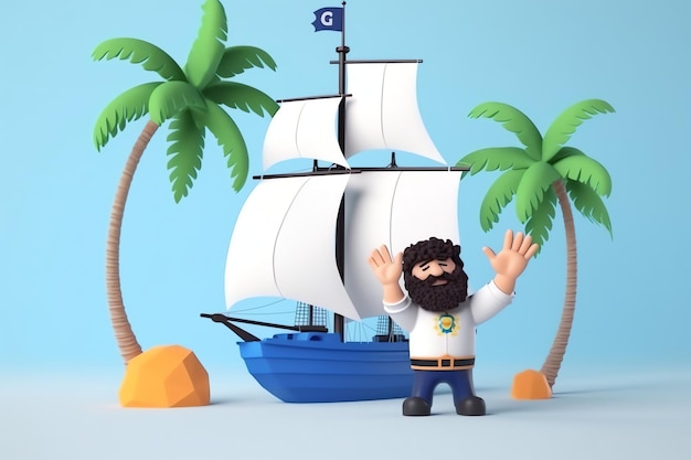 Un dessin animé d'un homme avec une barbe et un bateau bleu avec un drapeau dessus.