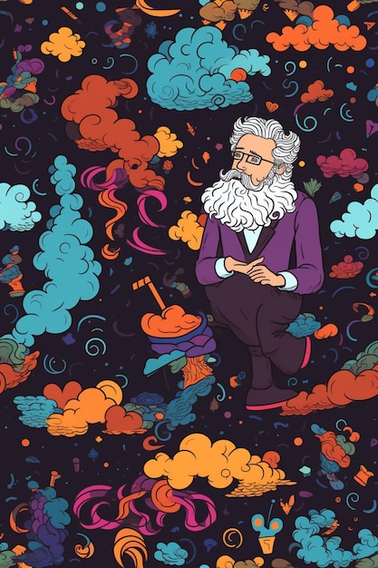 Un dessin animé d'un homme avec une barbe et des lunettes est assis sur un fond noir avec des nuages et de la fumée.