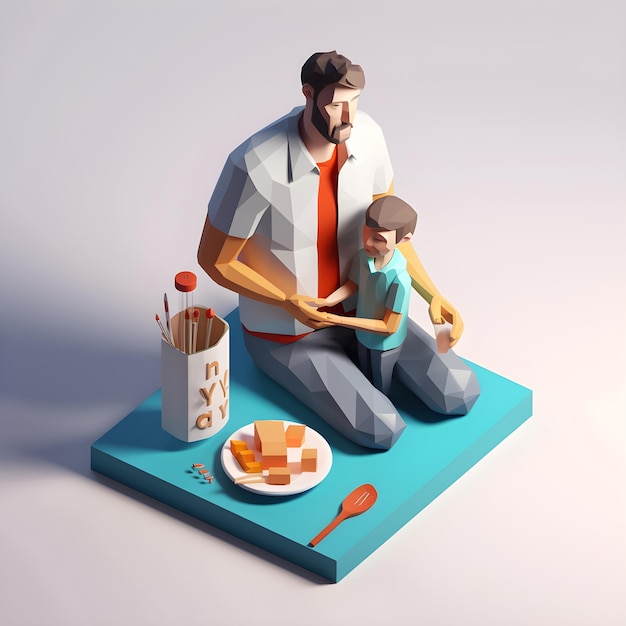 Un dessin animé d'un homme et d'un enfant avec une boîte de nourriture dessus.