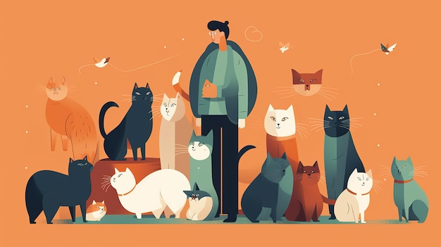 Un dessin animé d'un homme entouré de chats