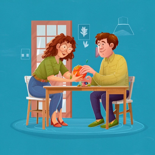 un dessin animé d'un homme et d'une femme assis à une table avec un homme assis à la table et une femme mangeant un