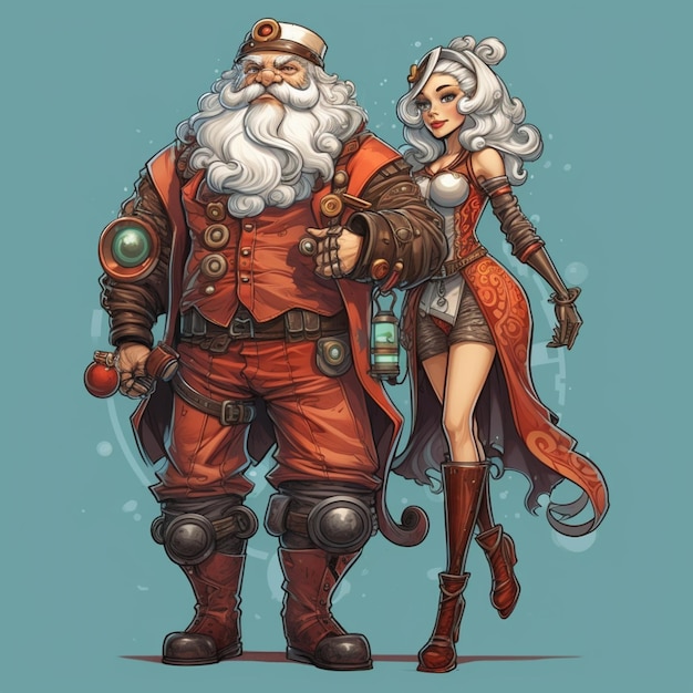 un dessin animé d'un homme et d'une femme vêtus de vêtements steam punk génératifs ai