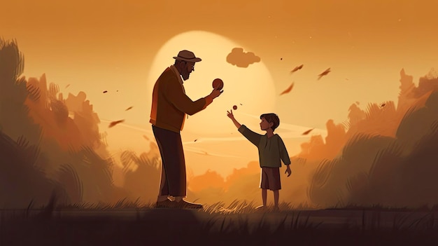 Un dessin animé d'un homme et d'un garçon se tenant la main, la lune est en arrière-plan