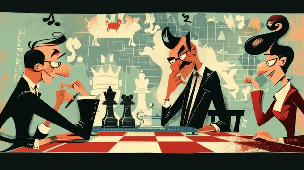 Photo un dessin animé d'un homme jouant aux échecs avec un homme en costume et une chemise noire