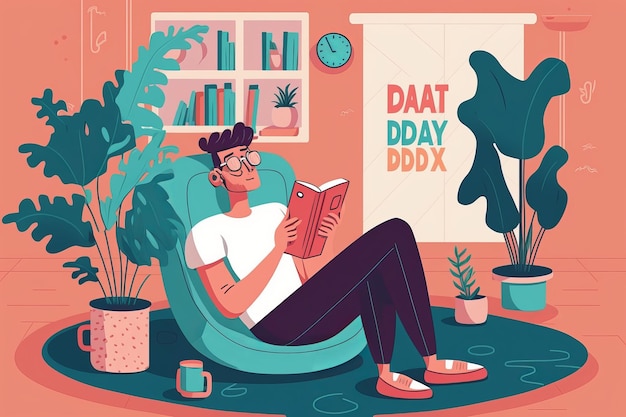 Un dessin animé d'un homme lisant un livre dans un salon avec une plante en arrière-plan.