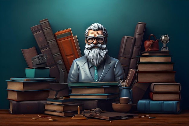 Un dessin animé d'un homme à lunettes derrière une pile de livres.