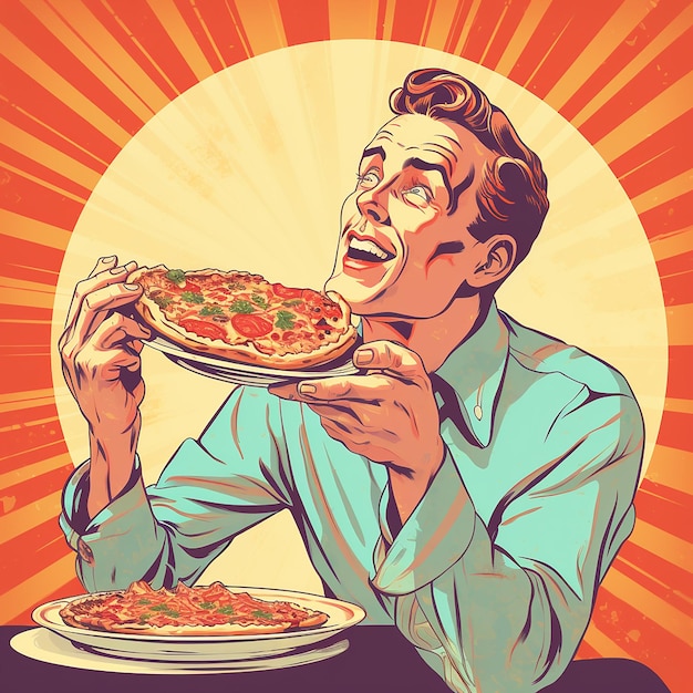 Un dessin animé d'un homme mangeant de la pizza et souriant.