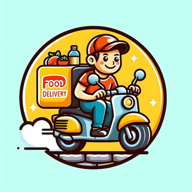 un dessin animé d'un homme sur un scooter avec un panneau disant nourriture nourriture