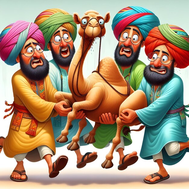 Photo un dessin animé d'hommes avec des turbans et un chameau