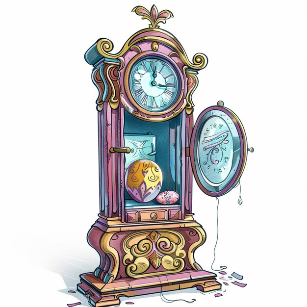 dessin animé d'une horloge de grand-père avec un ballon attaché à elle