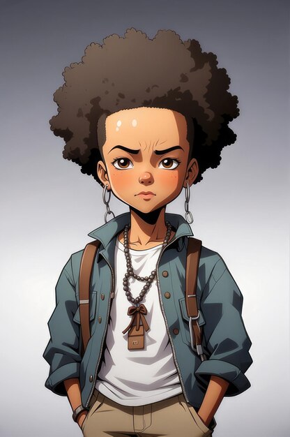 un dessin animé d'un jeune homme avec une grosse coupe de cheveux afro et un collier