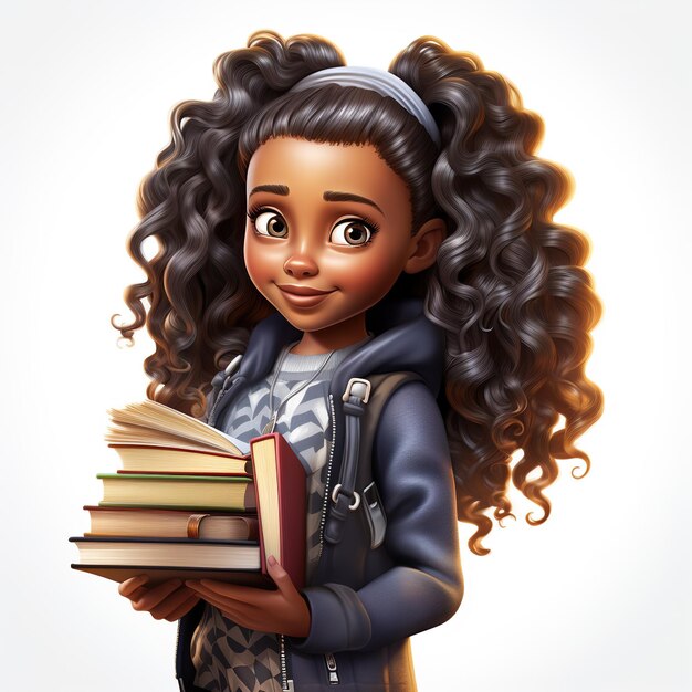 Photo dessin animé jolie fille afro-américaine tenant une pile de livres dans les mains isolée sur fond blanc