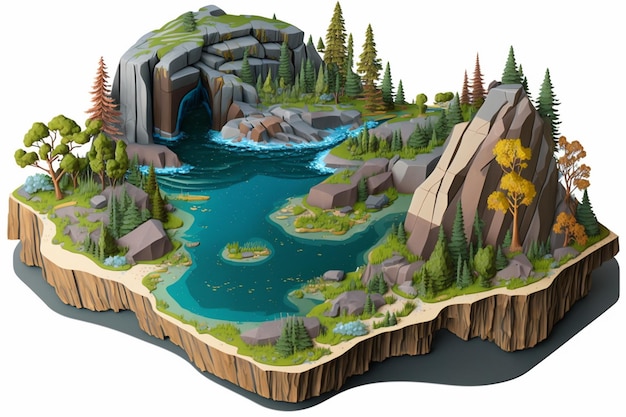 Un dessin animé d'un lac de montagne avec un lac bleu et une montagne en arrière-plan.