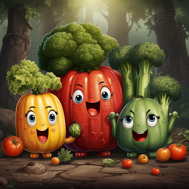 Photo dessin animé, légumes, cornichons, tomates, brocoli