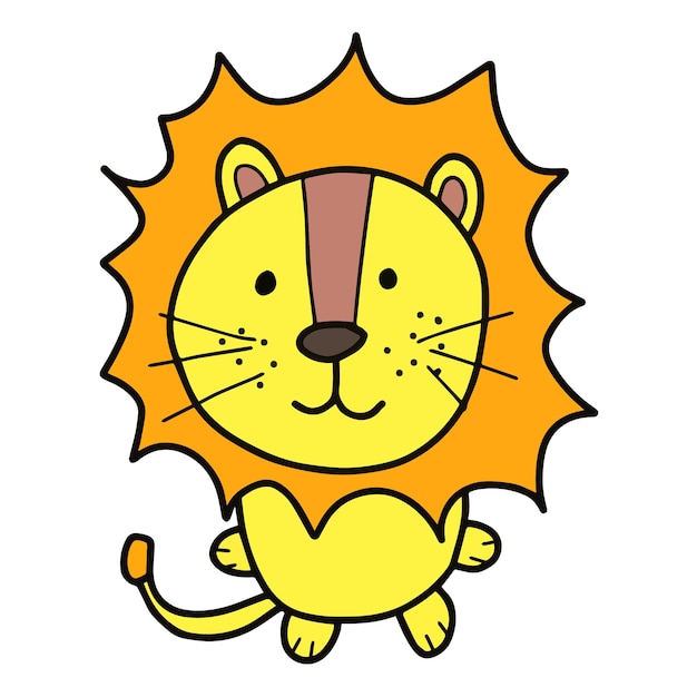 Dessin animé Lion dessiné à la main, personnage de doodle comique de couleur