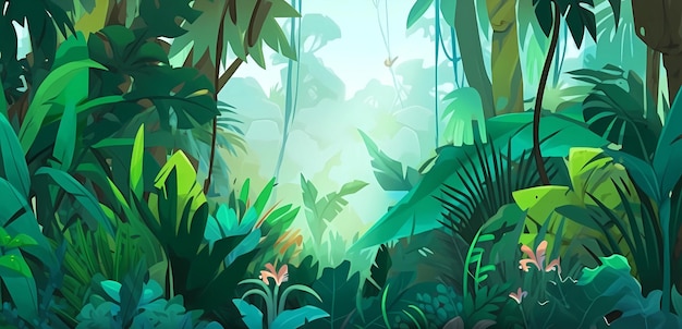 Dessin animé à la main d'une belle illustration du paysage de la forêt tropicale.