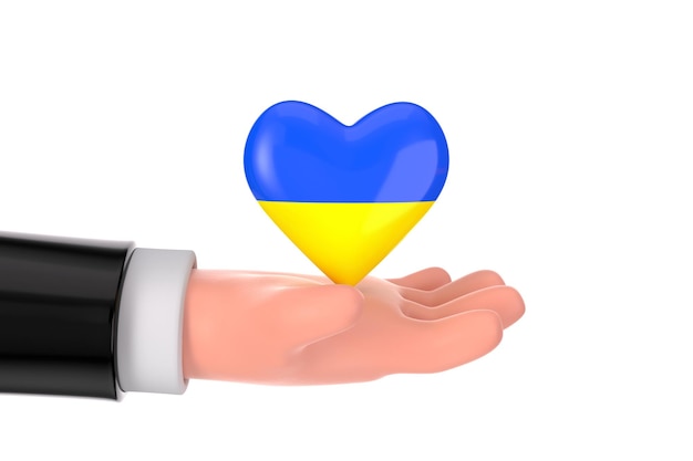 Dessin animé main tenant coeur avec drapeau ukrainien sur fond blanc rendu 3d