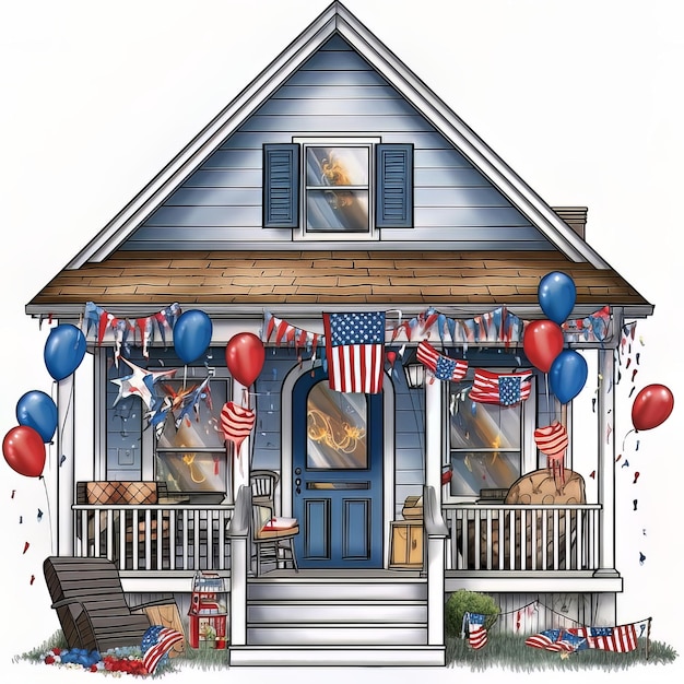 Un dessin animé d'une maison avec un drapeau sur le devant