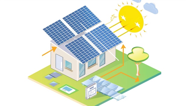 un dessin animé d'une maison solaire avec des panneaux solaires sur le toit