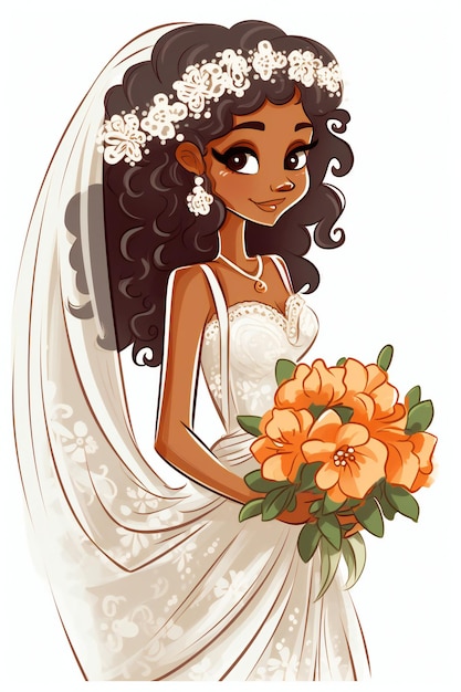 Un dessin animé d'une mariée tenant un bouquet de fleurs.