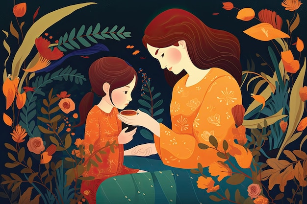 Un dessin animé d'une mère et d'une fille qui s'embrassent à l'automne