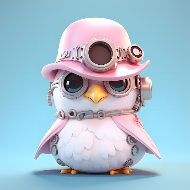 Dessin animé mignon d'albatros 3D dans un chapeau steampunk google glass