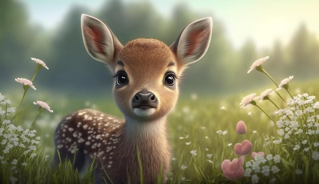 Dessin animé mignon bébé cerf dans une IA générative Spring Meadow