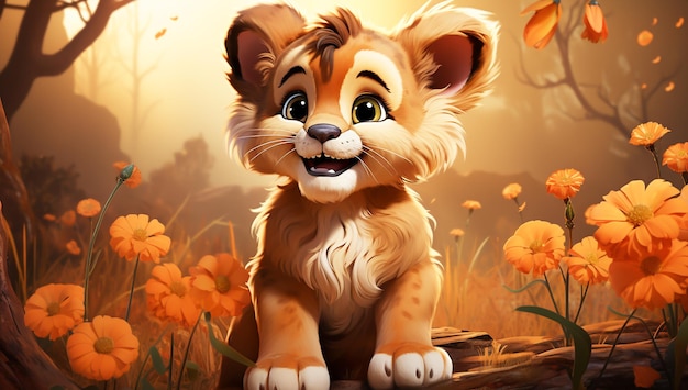 Dessin animé mignon d'un bébé lion pour des illustrations pour enfants AI Generator