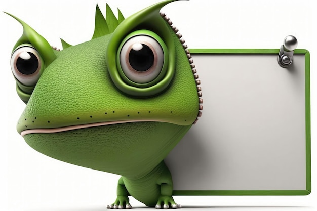 Dessin animé mignon caméléon 3D et tableau blanc vierge