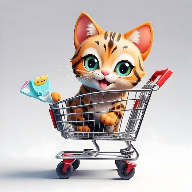 dessin animé mignon Chat avec panier d'épicerie félin Chat poussant panier Kitty shopping