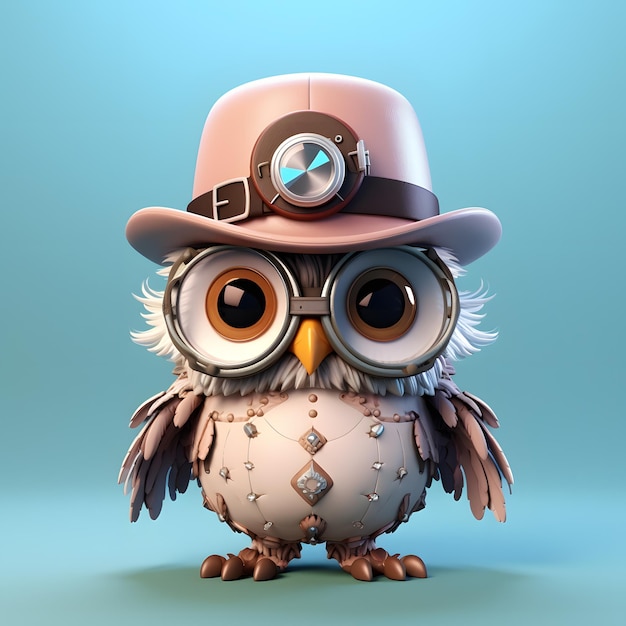 Dessin animé mignon hibou 3D en chapeau steampunk et verre google